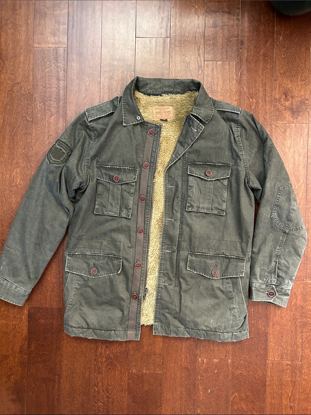 Guess Men's Green Utility Jacket with Sherpa Lining, Size XL